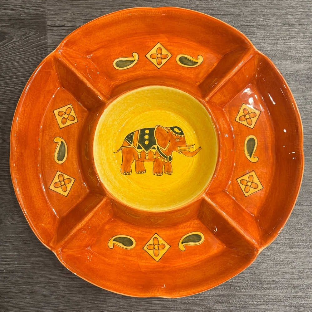 🧡 Pier 1 Hand-Painted Elephant Patterned Divided Serving Platter 🐘